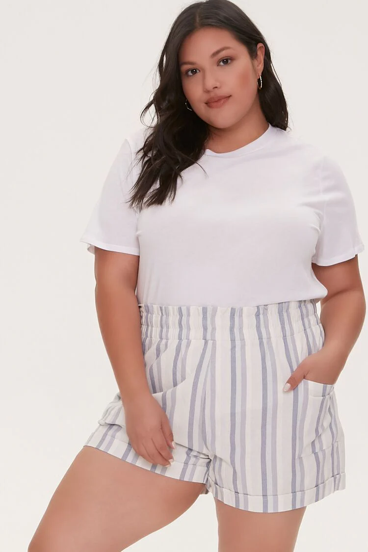 Plus Size Striped Paperbag Shorts