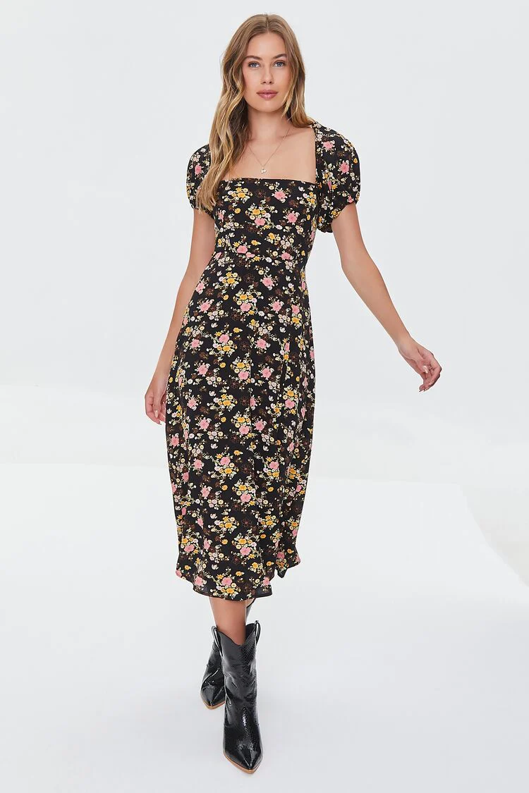 Floral Print Lace-Back Satin Dress