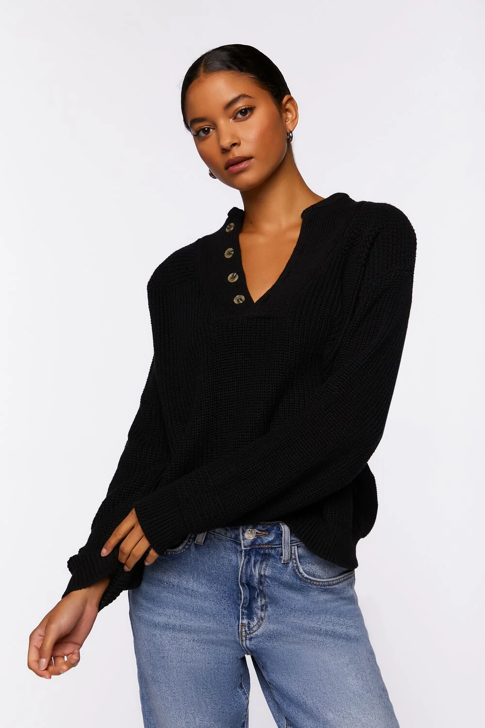 Half-Button Drop-Sleeve Sweater