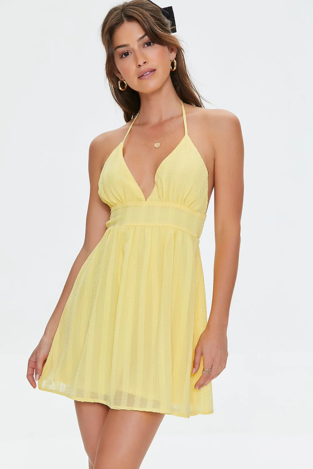 Striped Open-Back Halter Mini Dress