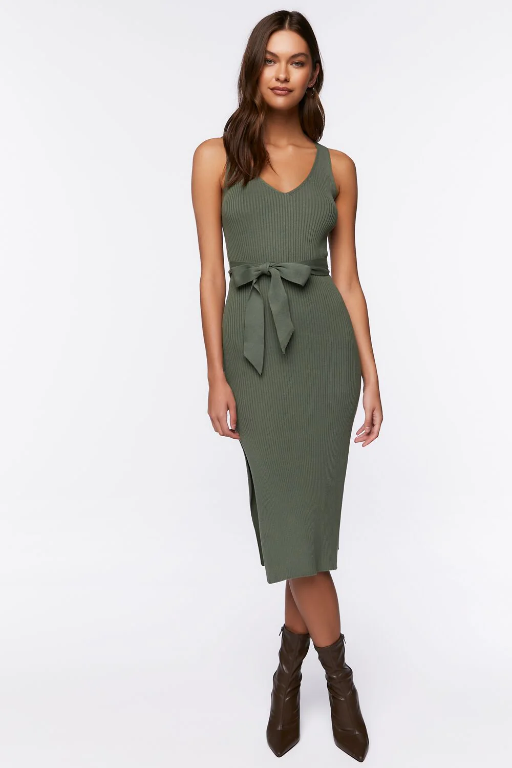 Belted Ribbed M-Slit Midi Dress