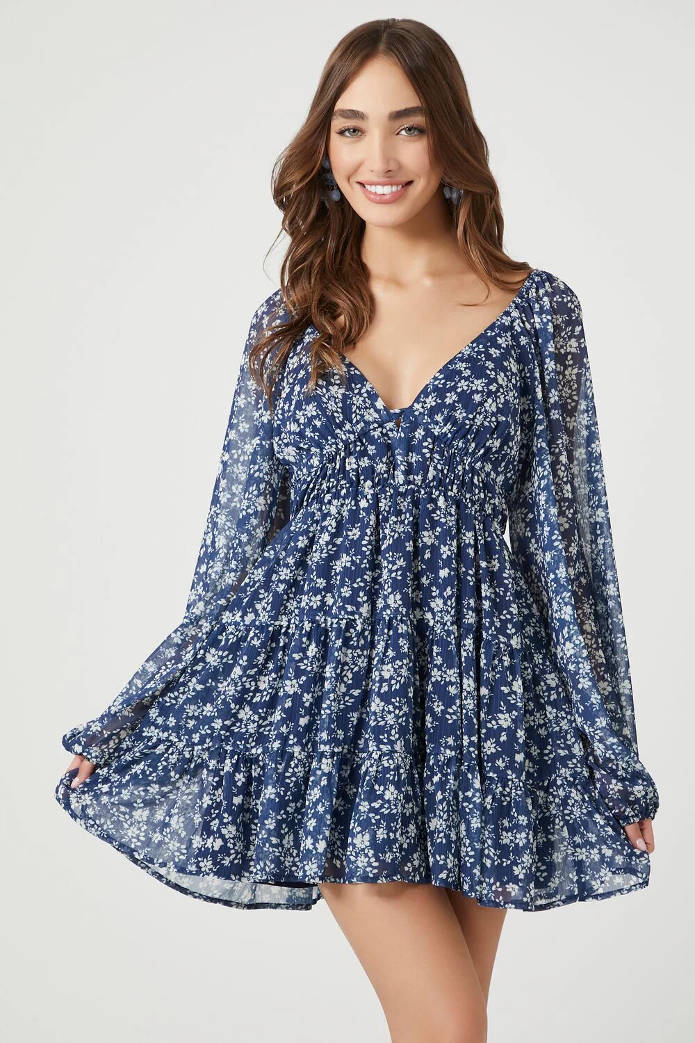 Floral Plunging Tiered Babydoll Dress