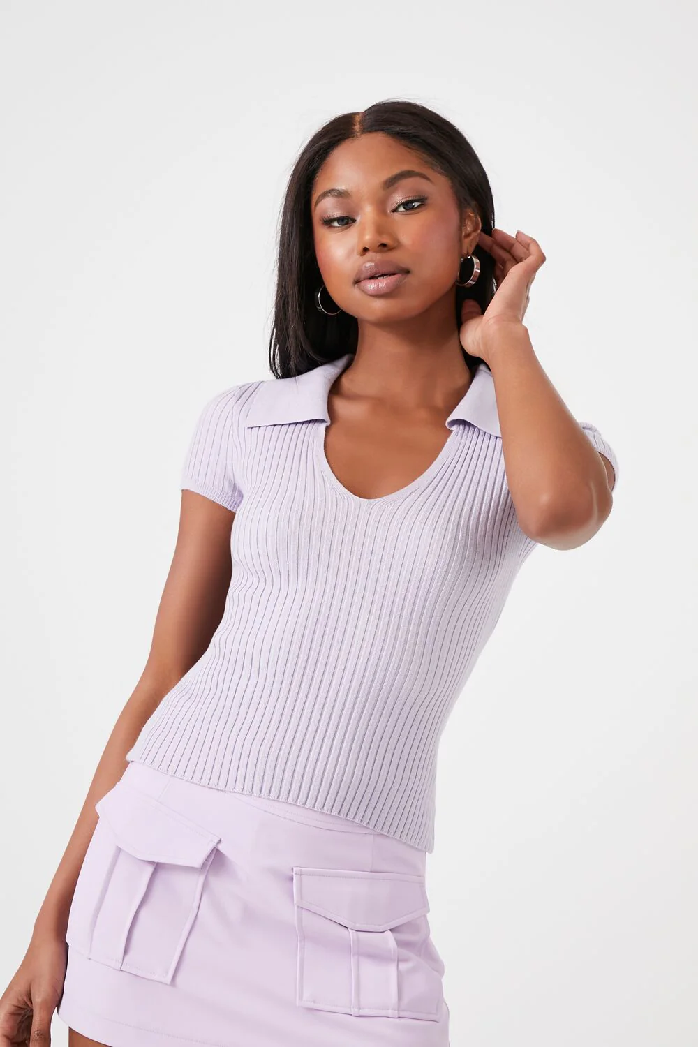 Sweater-Knit Split-Neck Top