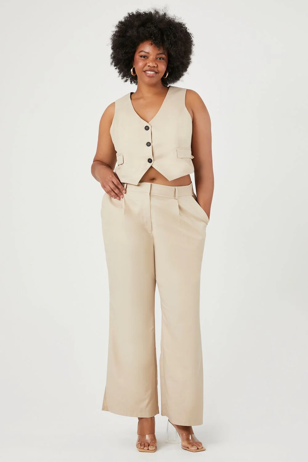Plus Size Vest & Wide-Leg Pants Set