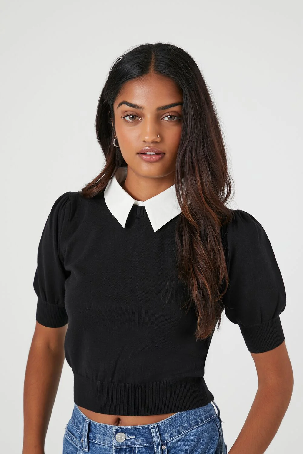 Sweater-Knit Collar Crop Top