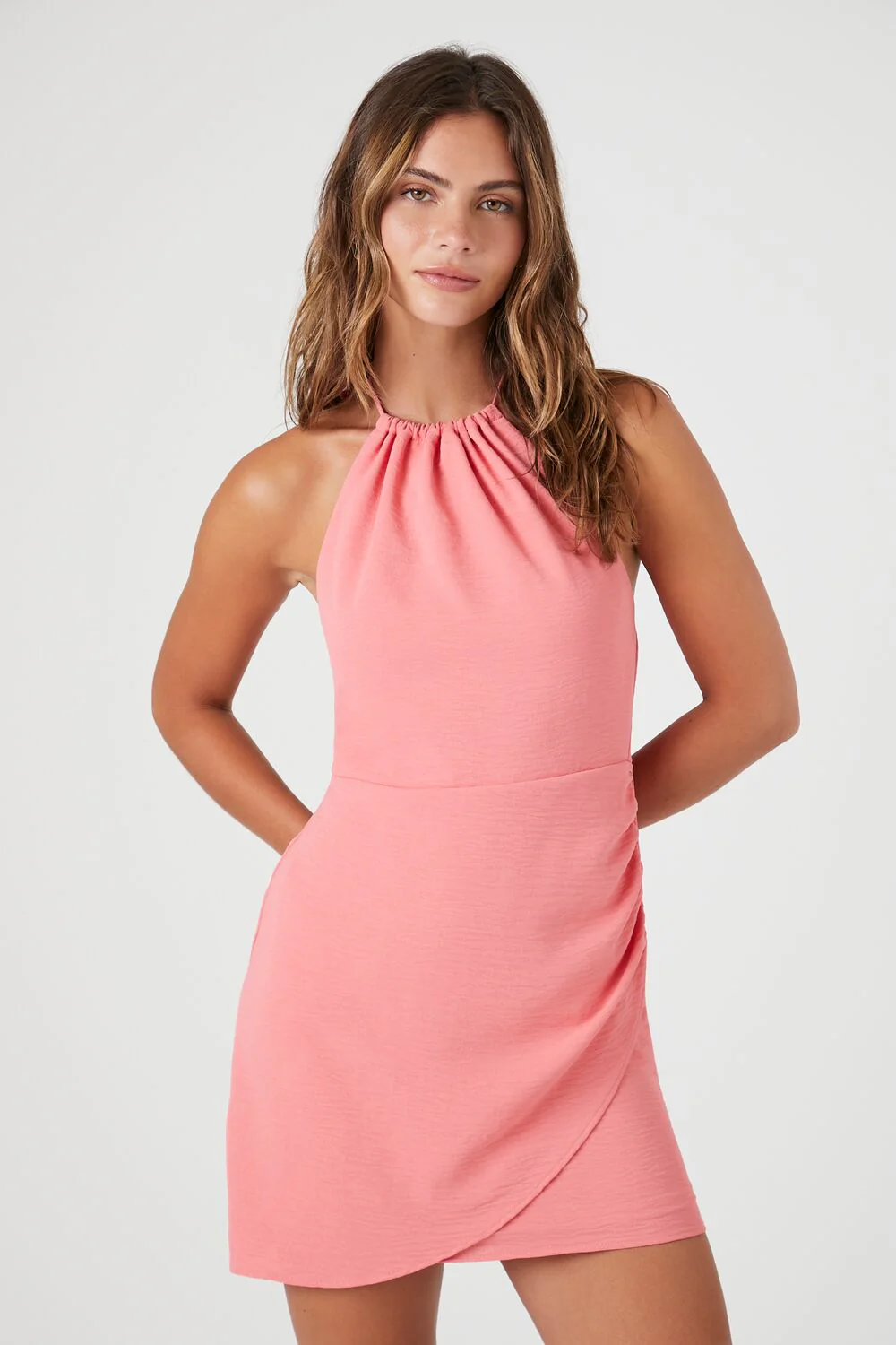 Faux Wrap Halter Mini Dress