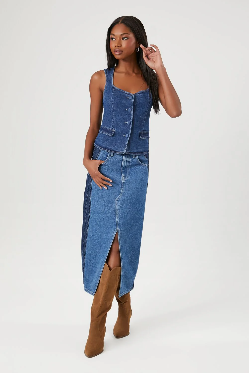 Colorblock Denim Midi Skirt