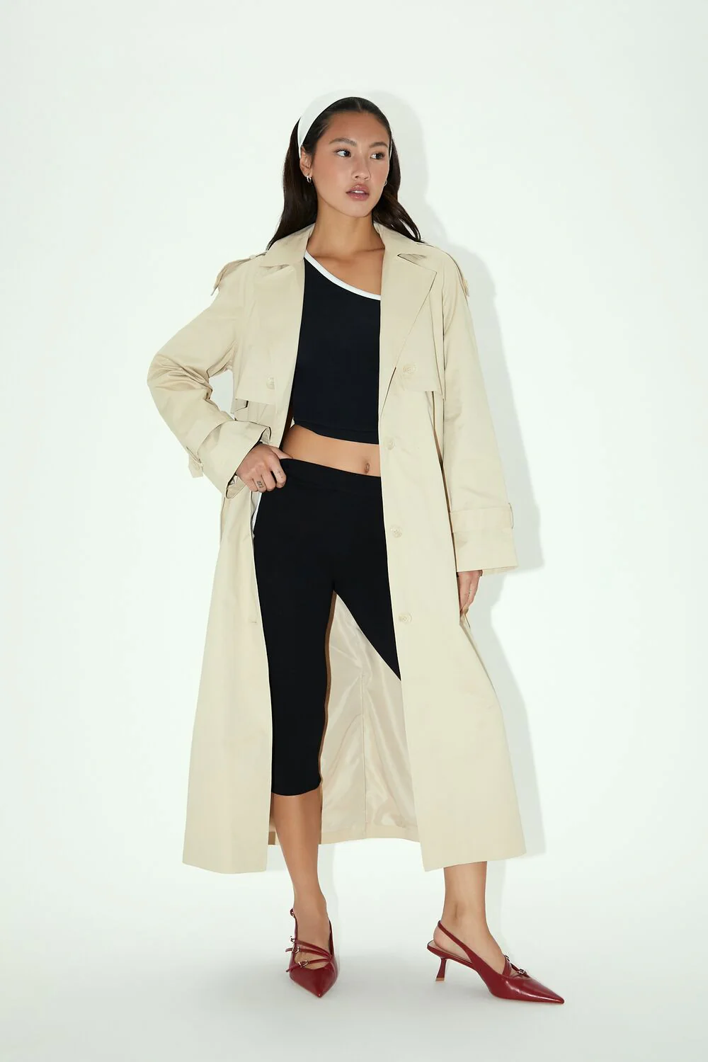 Tie-Front Notched Trench Coat