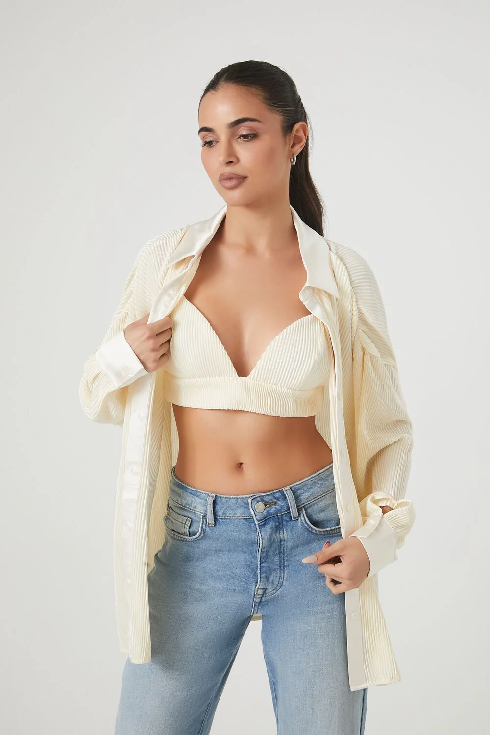 Pleated Shirt & Cropped Cami Set