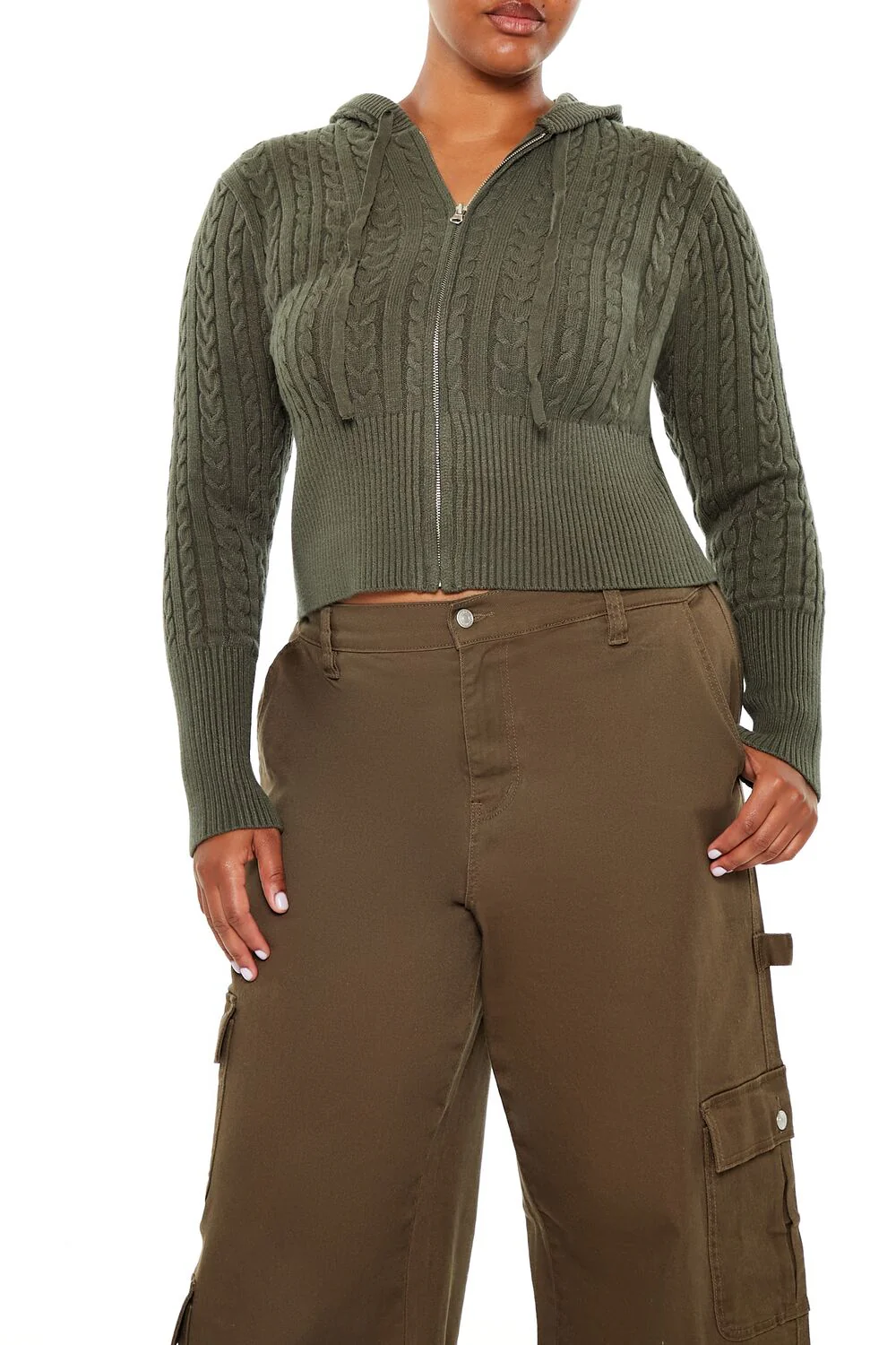 Plus Size Cable Knit Zip-Up Hoodie