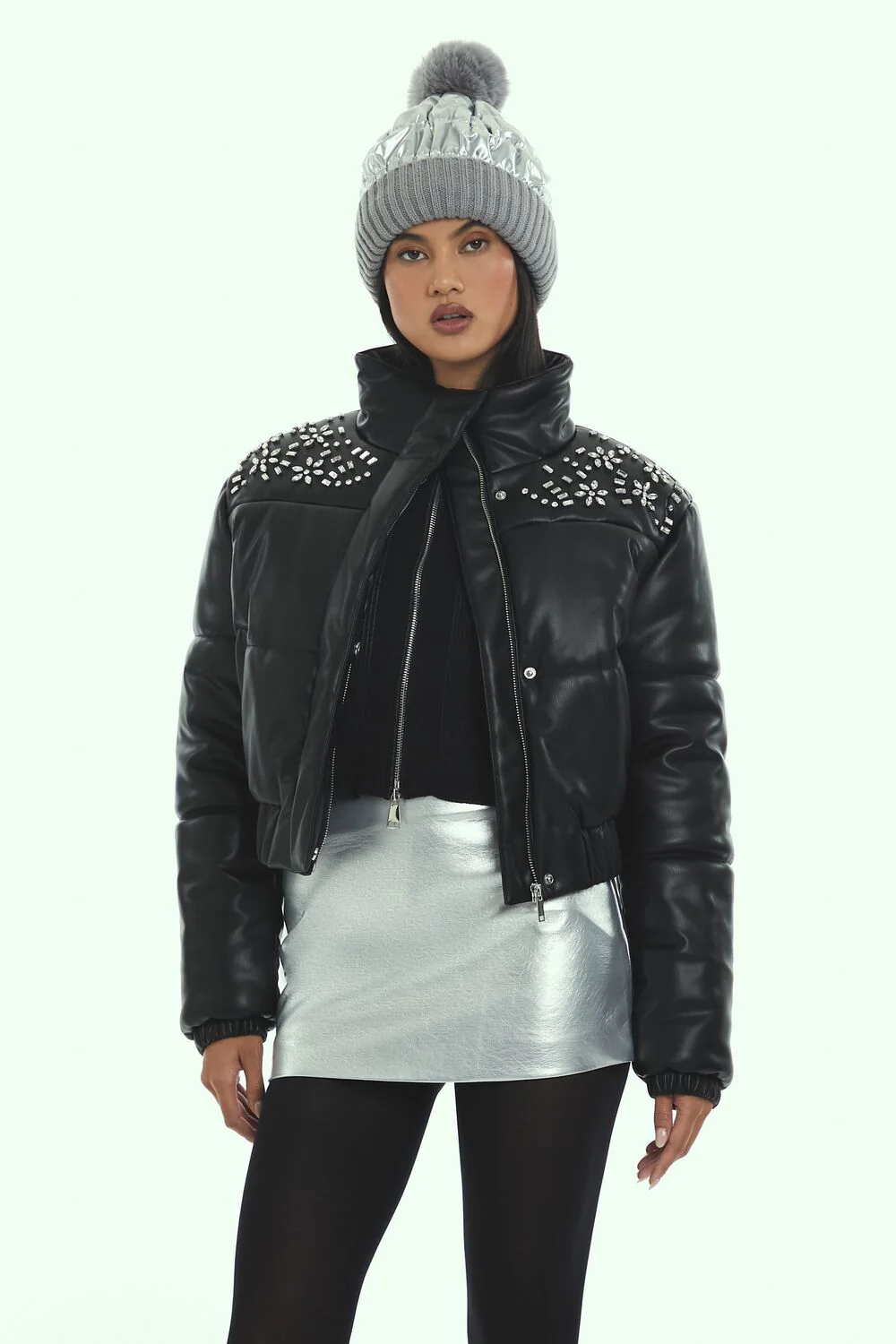 Faux Gem & Leather Puffer Jacket