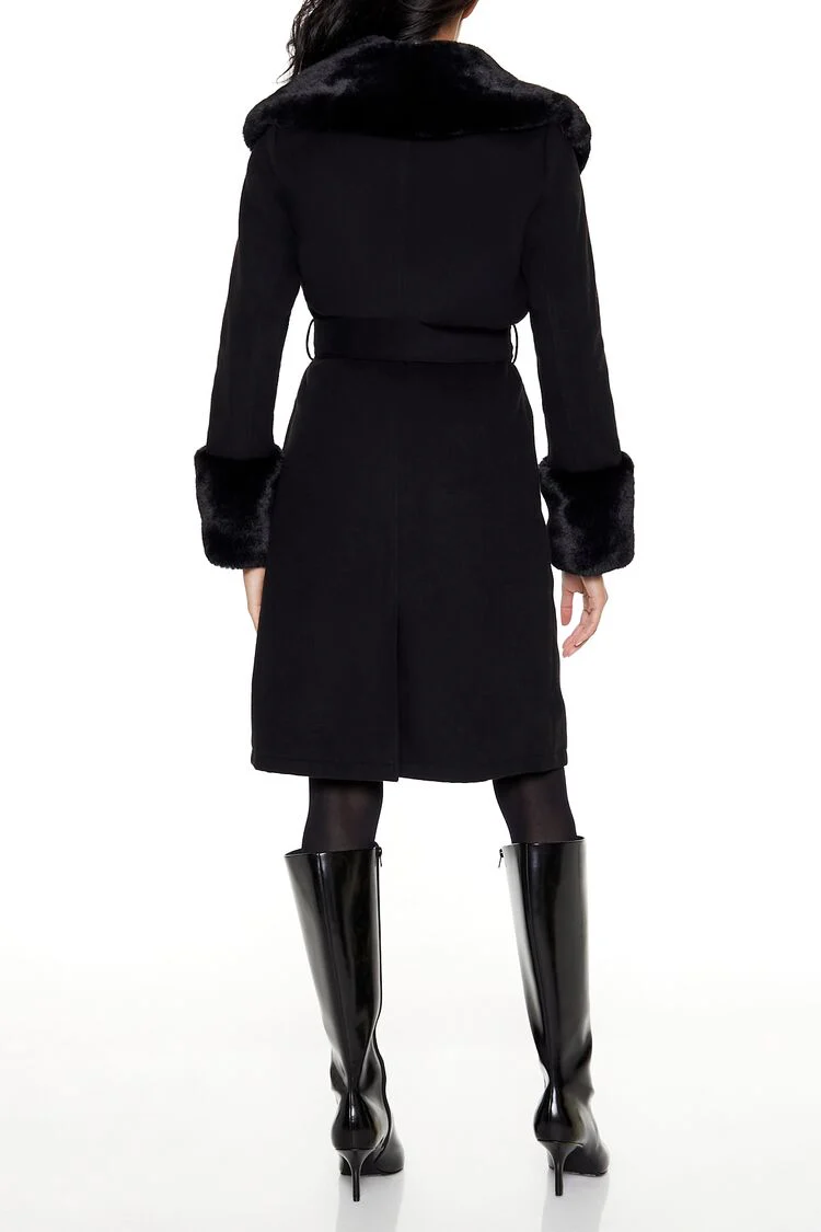Faux Fur-Trim Faux Suede Wrap Coat - Image 4