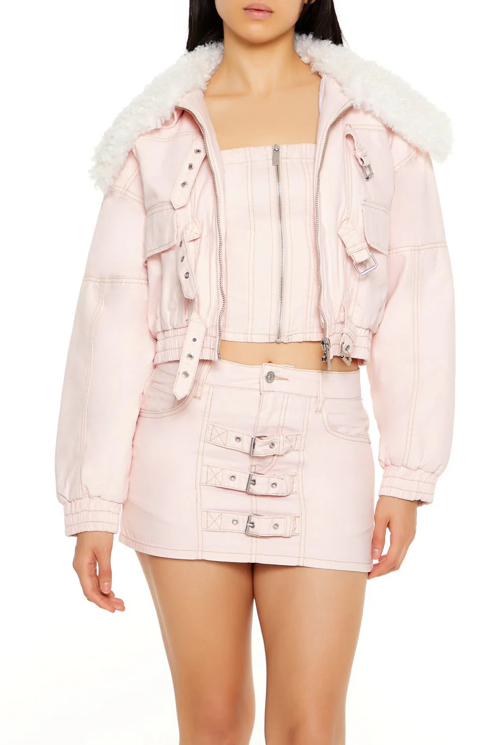 Strappy Faux Fur-Trim Denim Bomber Jacket