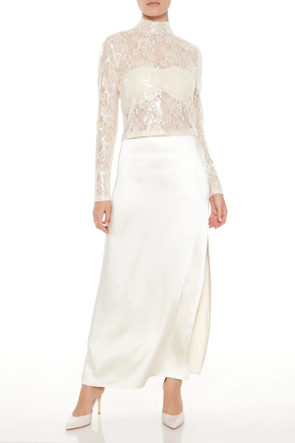 Sheer Lace Sequin Mock Neck Top - Image 7