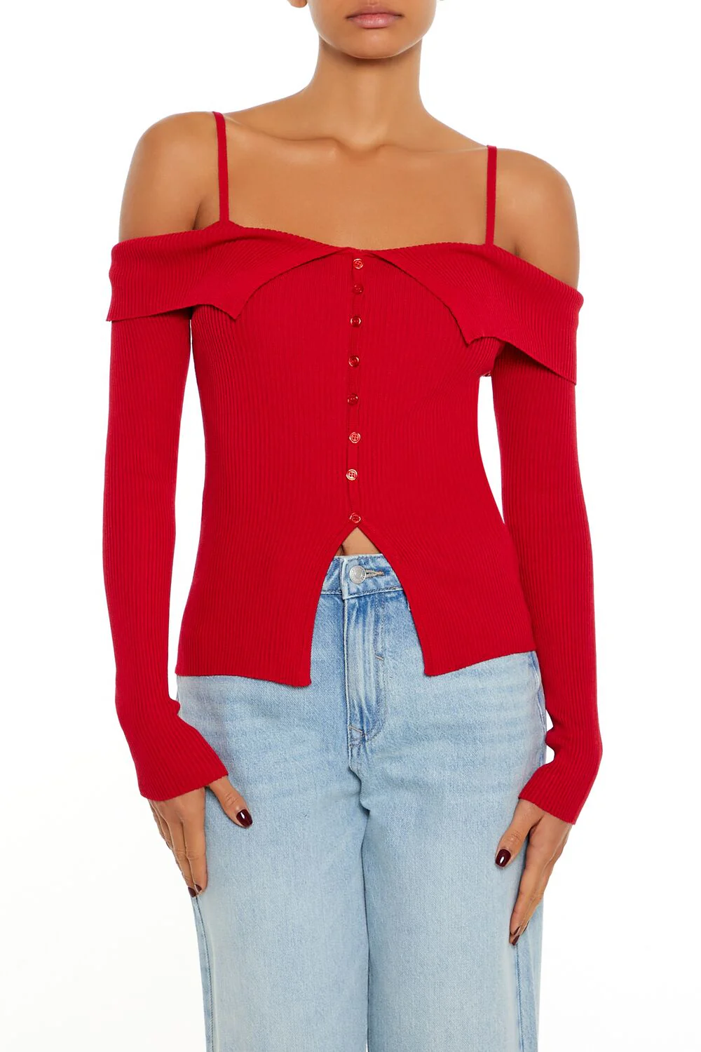 Open-Shoulder Sweater-Knit Top