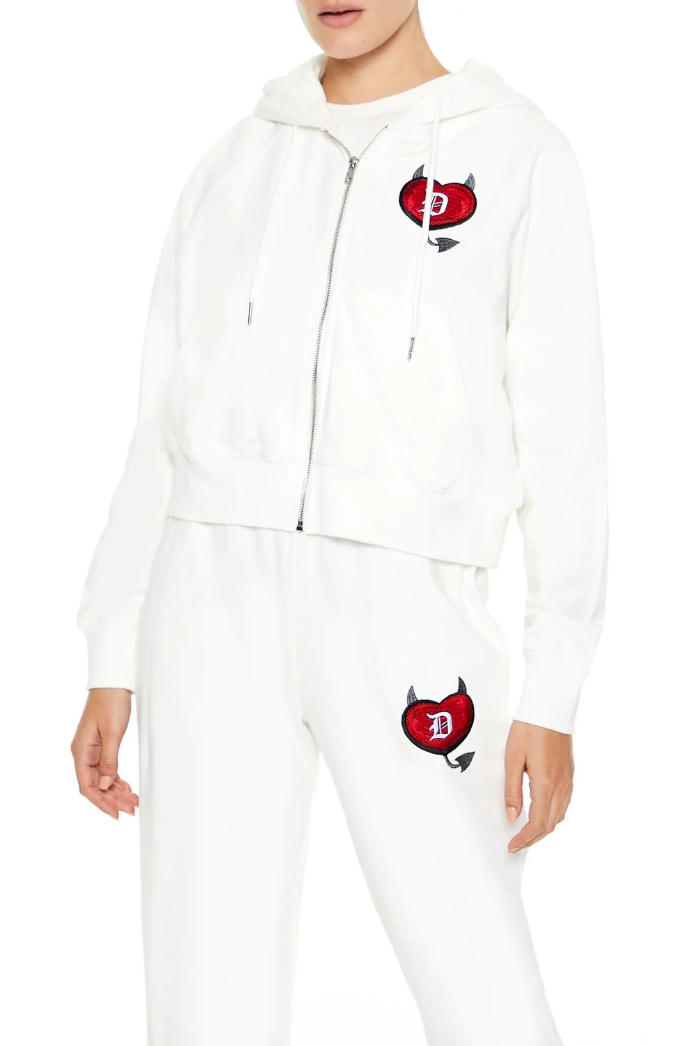 Embroidered Devil Heart Zip-Up Hoodie