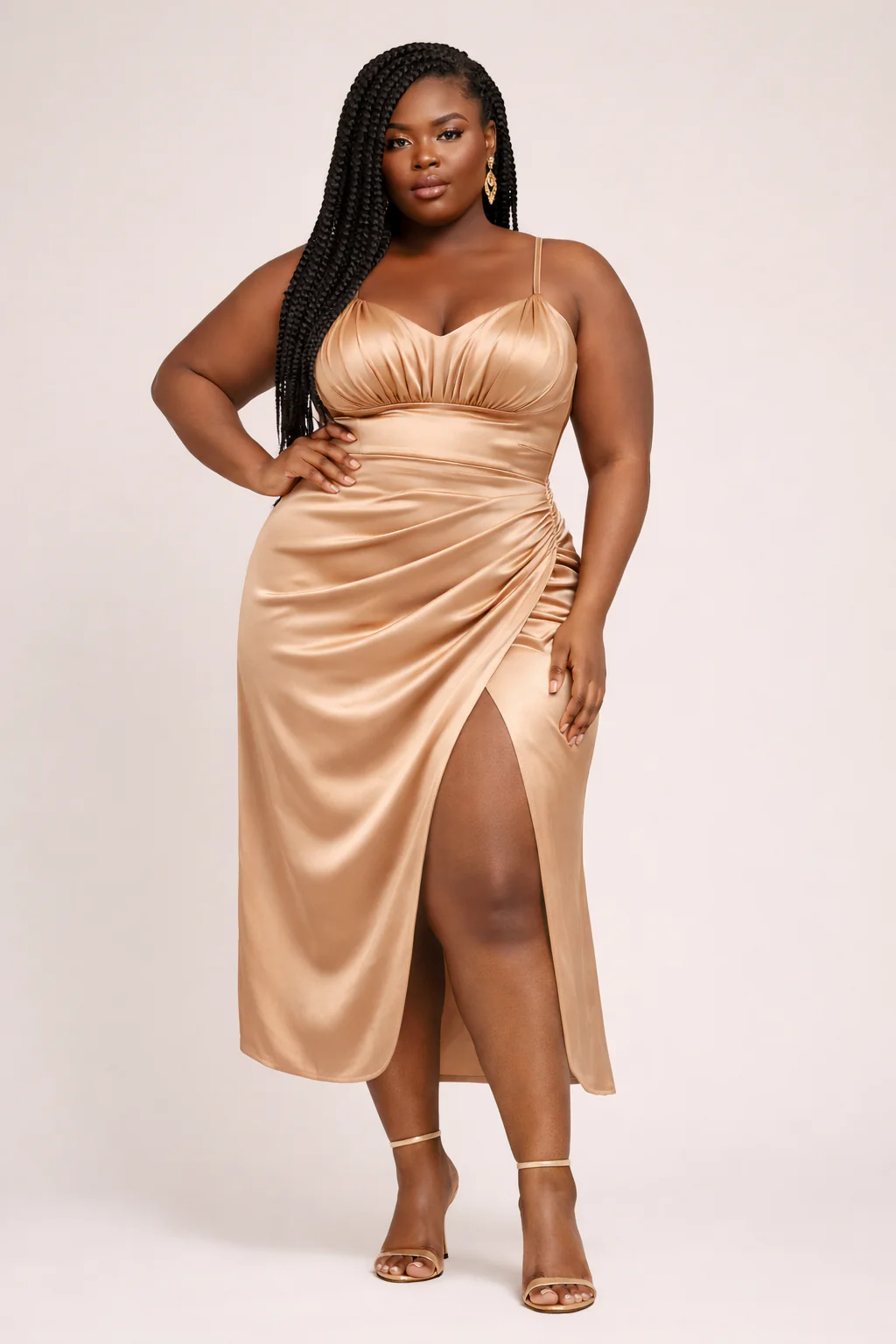 PLUS SIZE RUCHED SATIN MIDI DRESS WITH HIGH SLIT