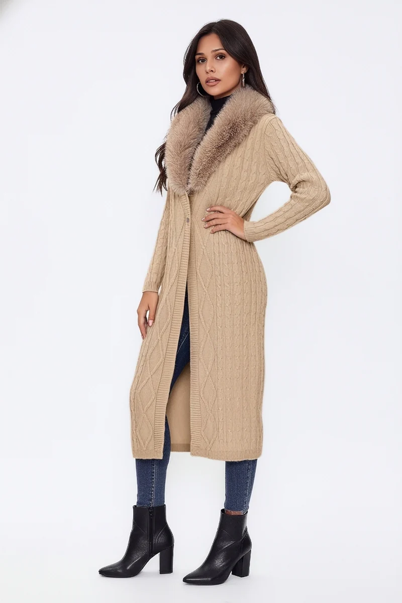 Faux Fur-Collar Cable Knit Longline Cardigan - Image 2