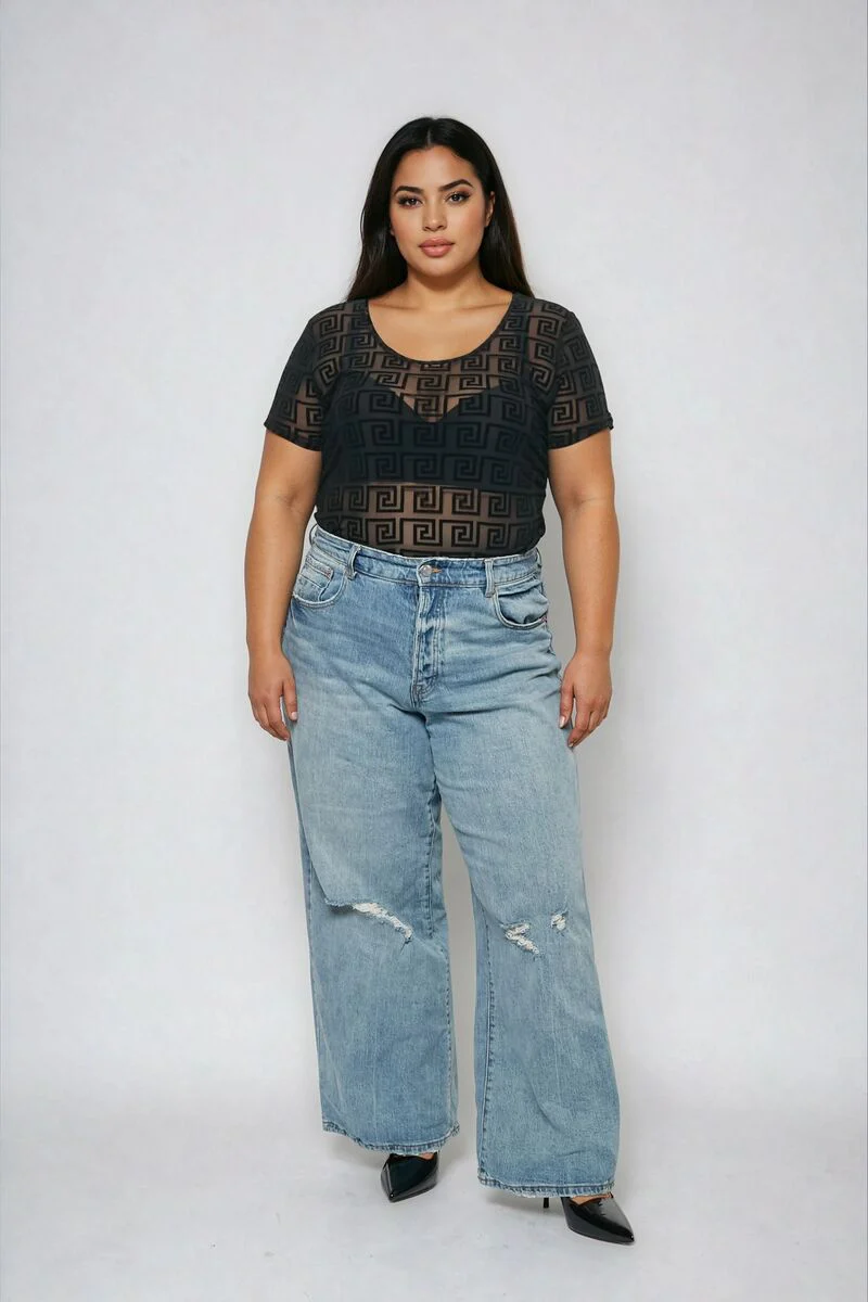 Plus Size Geometric Pattern Mesh Bodysuit - Image 2