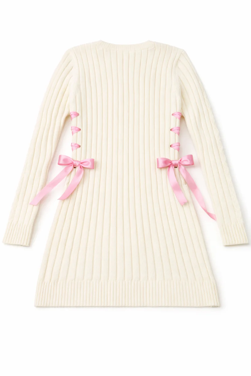 Cable Knit Lace-Up Ribbon Mini Dress - Image 9