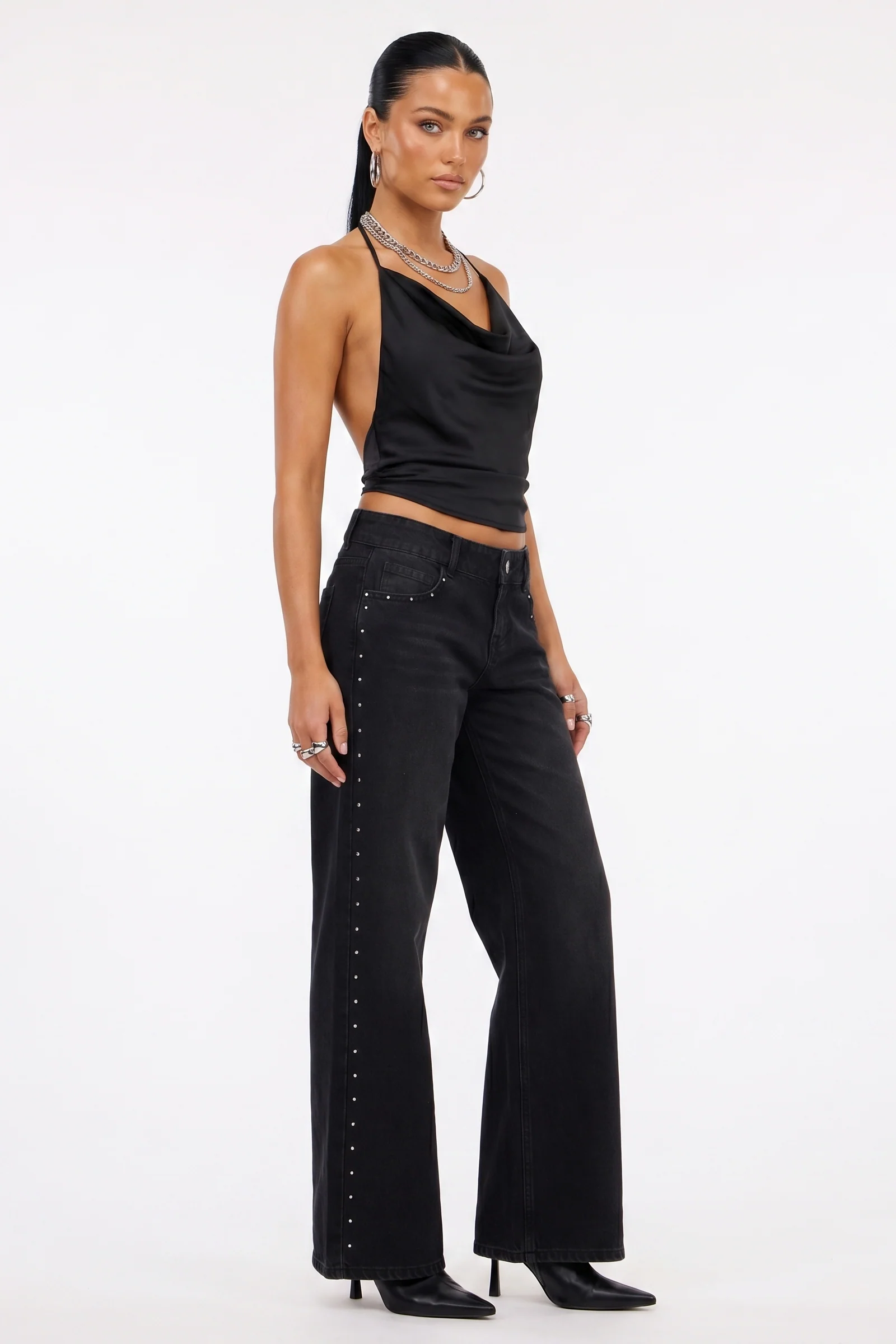 LOW RISE WIDE LEG DENIM WITH STUDS