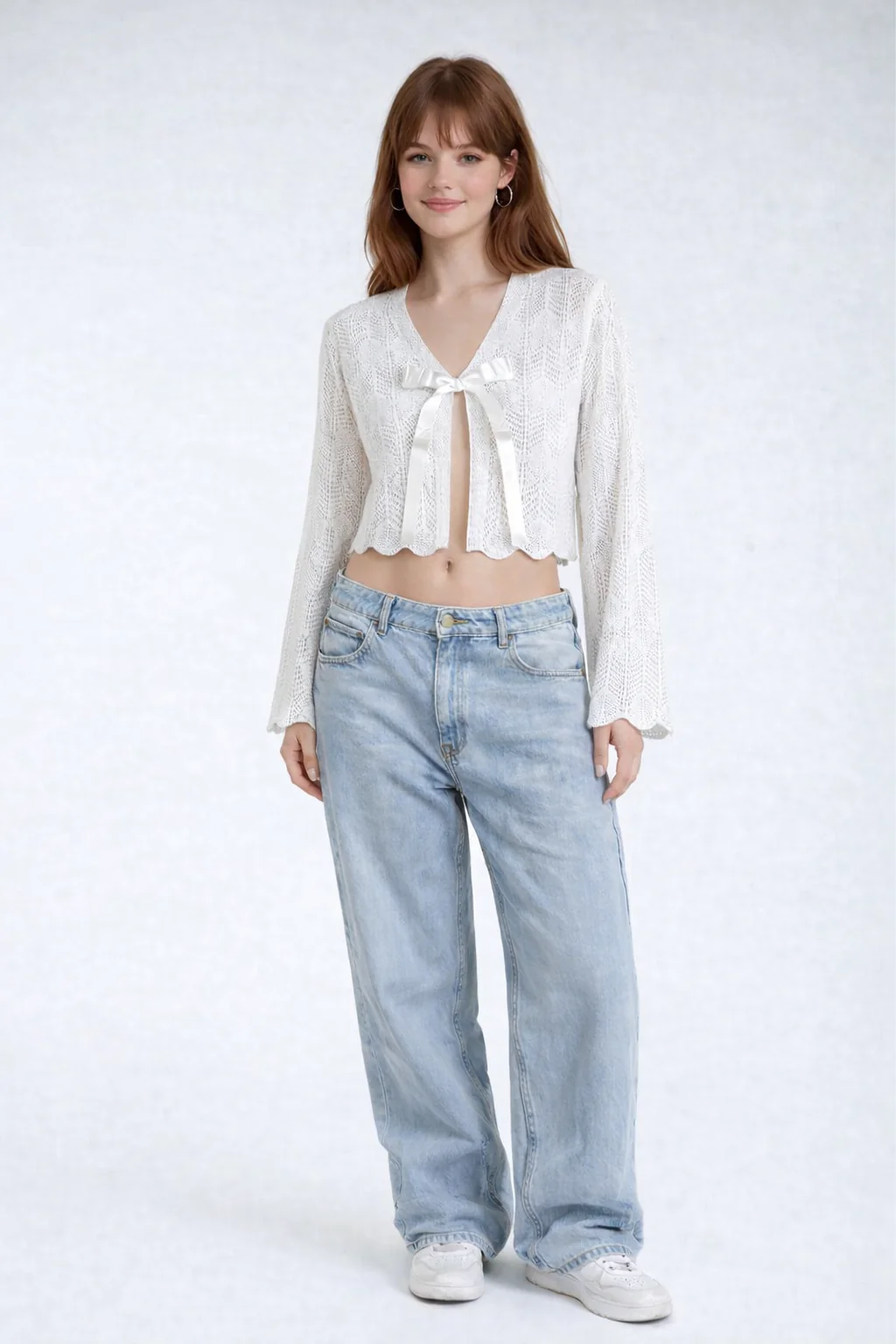 Open-Front Pointelle Bow Cardigan