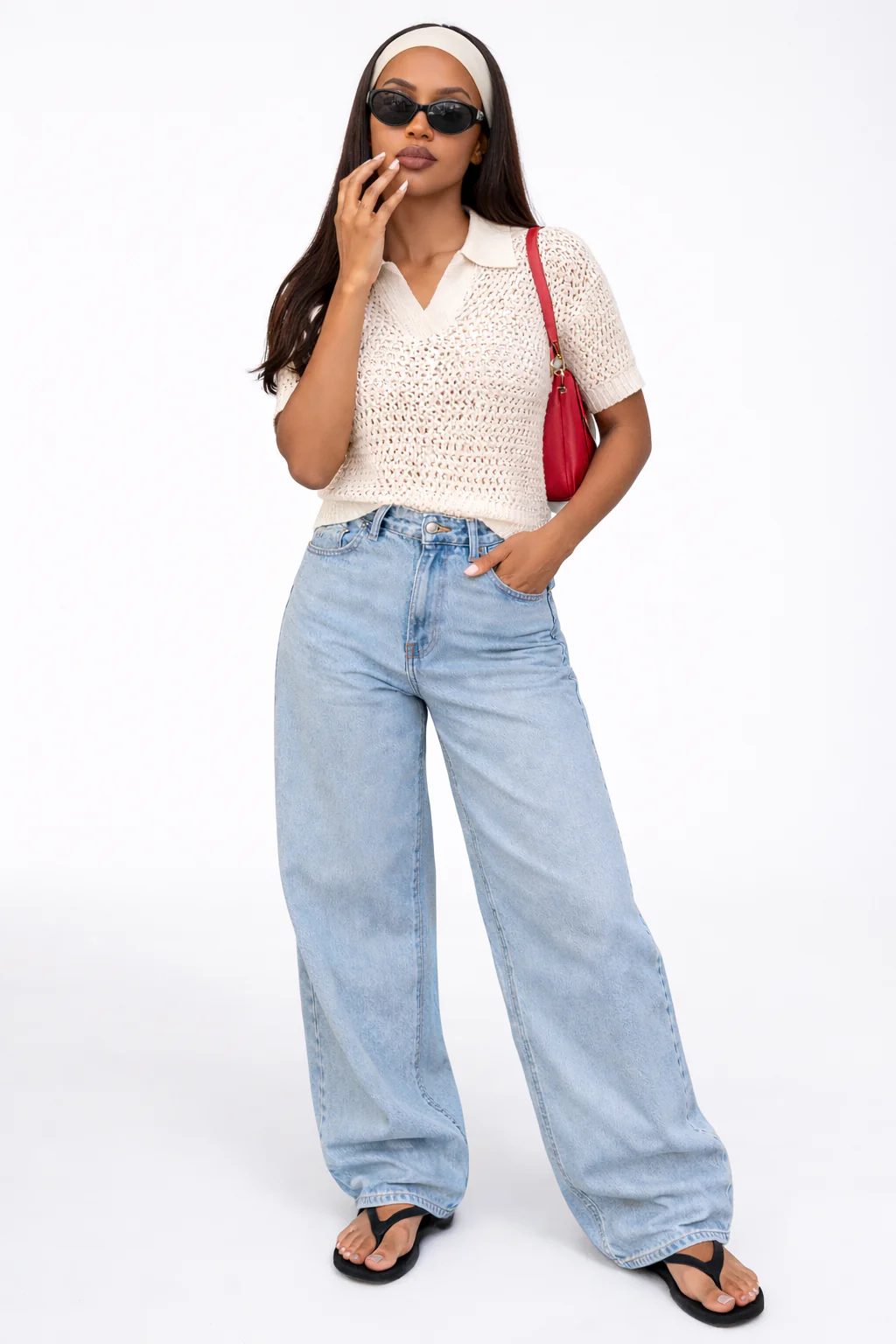 Short-Sleeve Crochet Collared Sweater Top