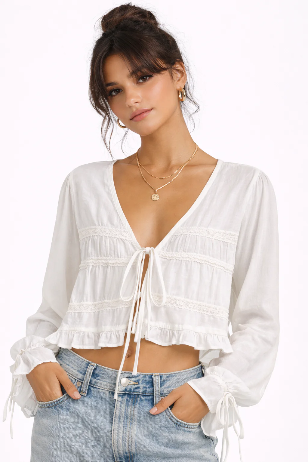 LONG SLEEVE TIE FRONT BLOUSE WITH RUFFLE DETAIL