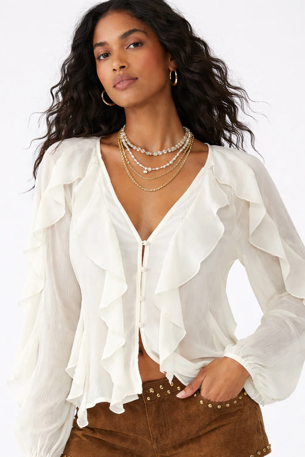 CHIFFON BUTTON FRONT RUFFLE DETAIL BLOUSE