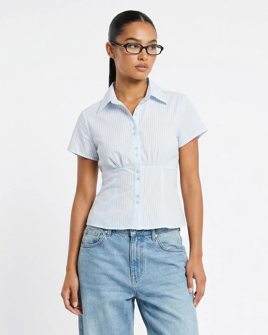 FITTED SHORT SLEEVE STRIPED BLOUSE
