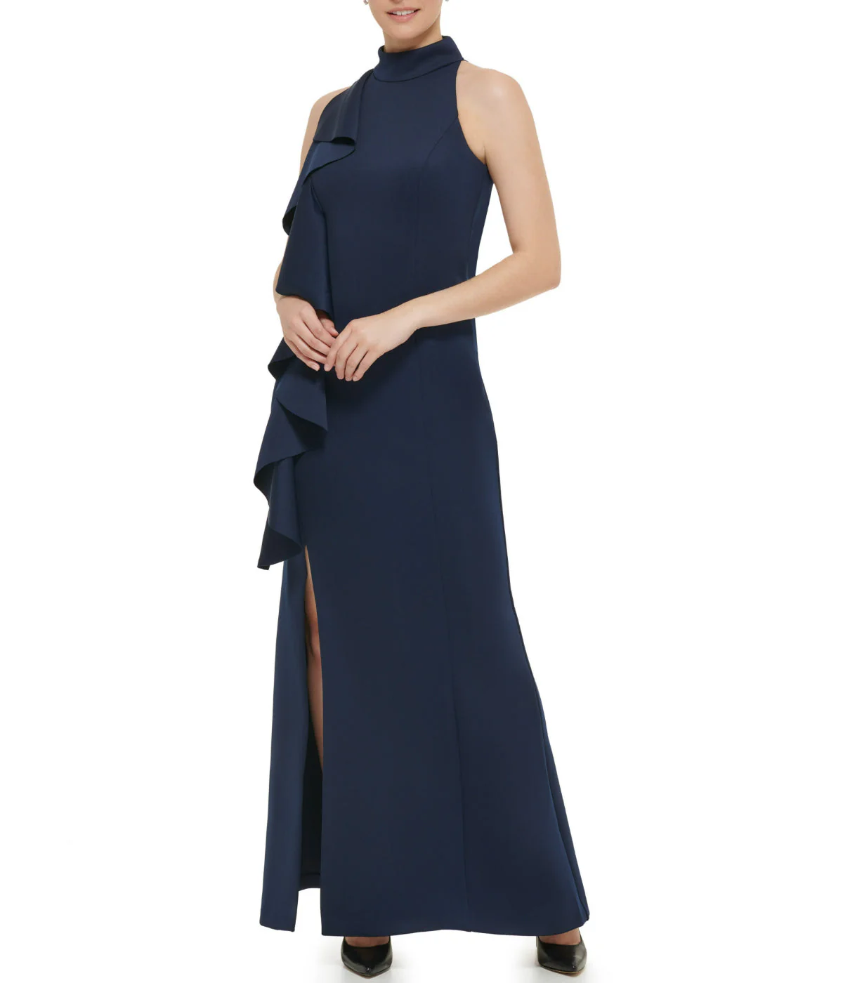 1Pc Sleeveless Mock Neck Cascade Ruffle Gown W/ Slit At Hem Navy