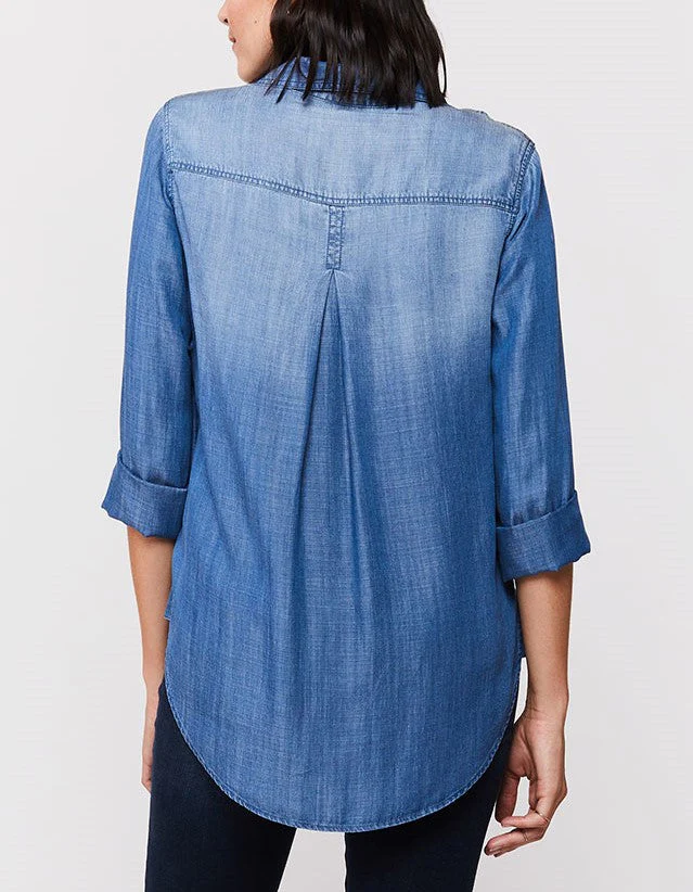 3/4 Cuffed Sleeve Button Down Shirt Single Chest Pocket Hi Low Hem - Image 3