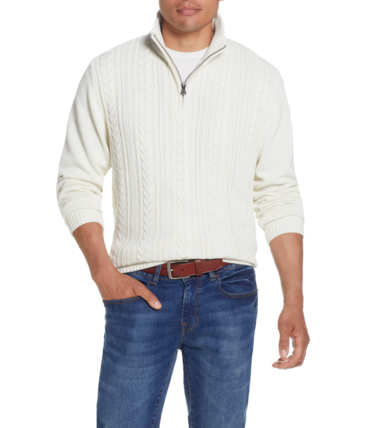 Cable Knit Quarter Zip Sweater Ecru - Image 6