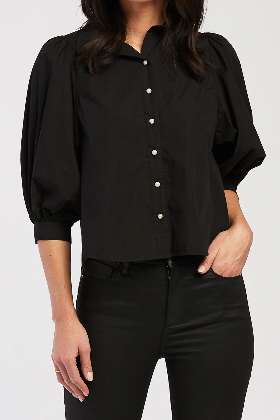 Teegan 3/4 Puff Sleeve Pearl Button Down Top Shirred Shoulder Top